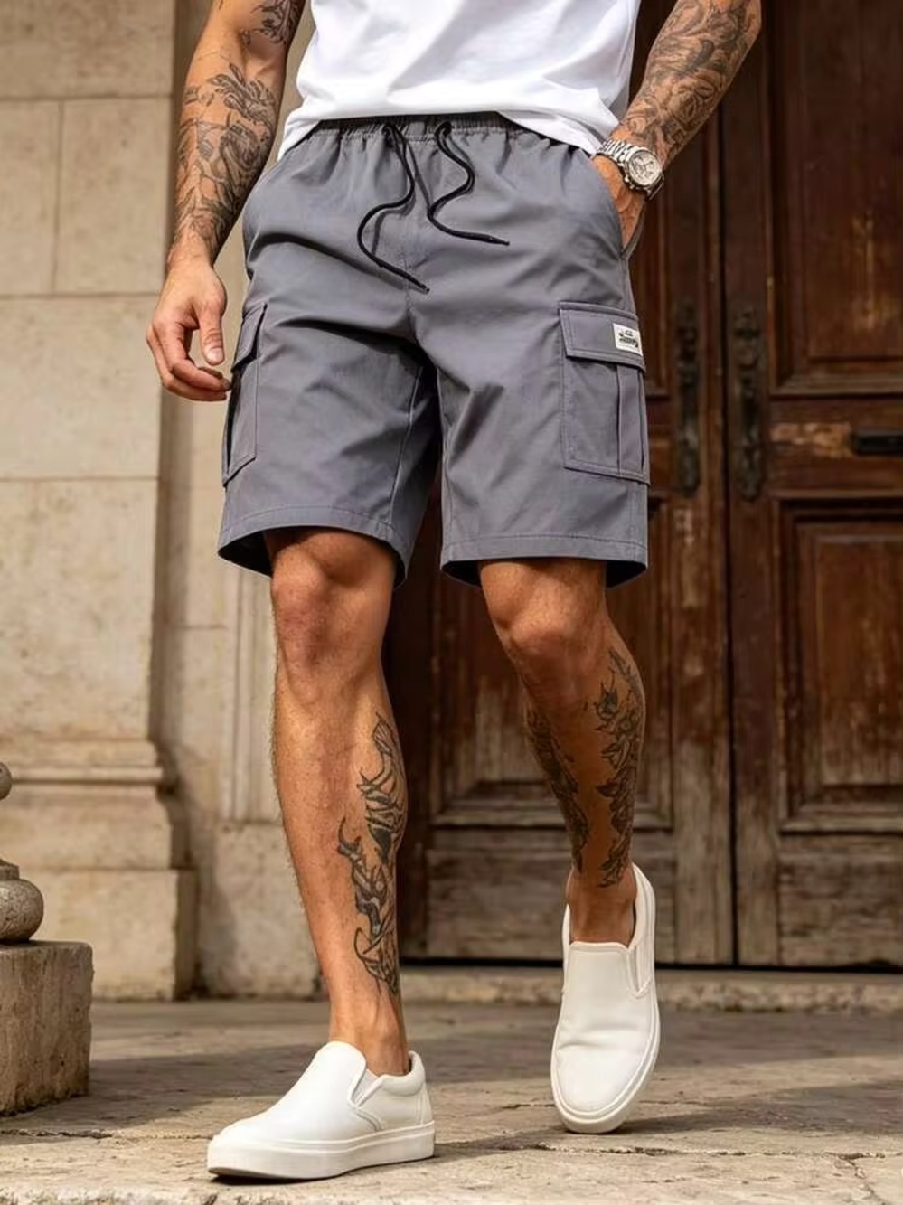 SHEIN Summer Solid Color Casual Outdoor Utility Cargo Shorts